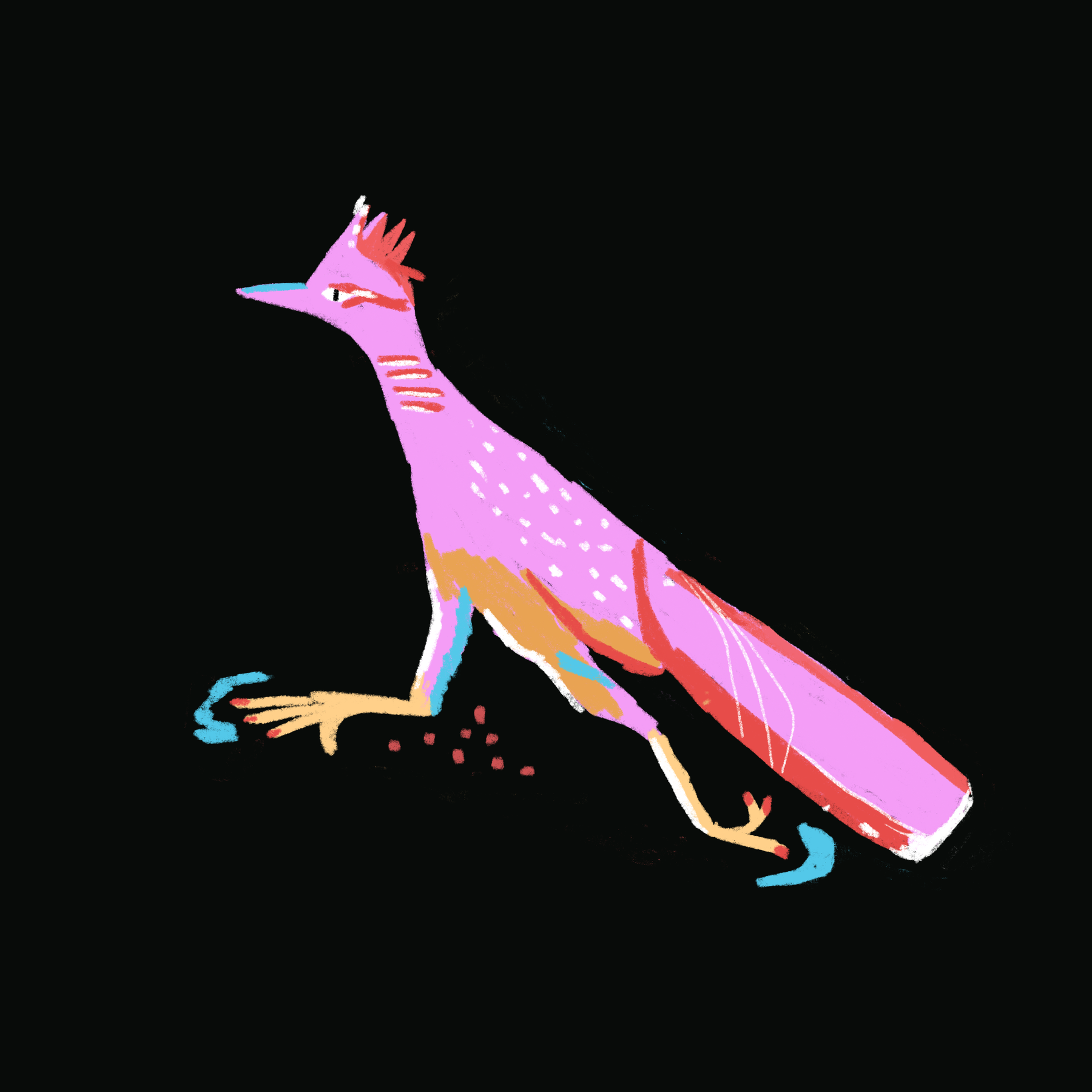 Flat digital illustration of a pink and purple roadrunner walking, dropping red berries
