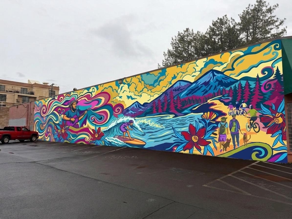 Colorful mural on a long exterior wall in downtown Bend, Oregon featuring a musician, a surfer, mountains, and mountain bikers