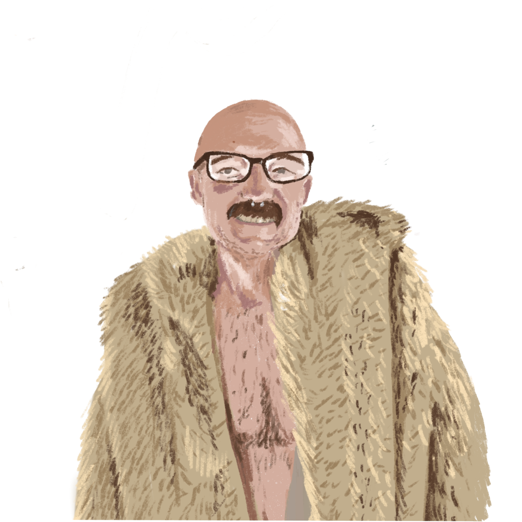 Digital portrait illustration of a bald man wearing glasses and a shaggy fur coat