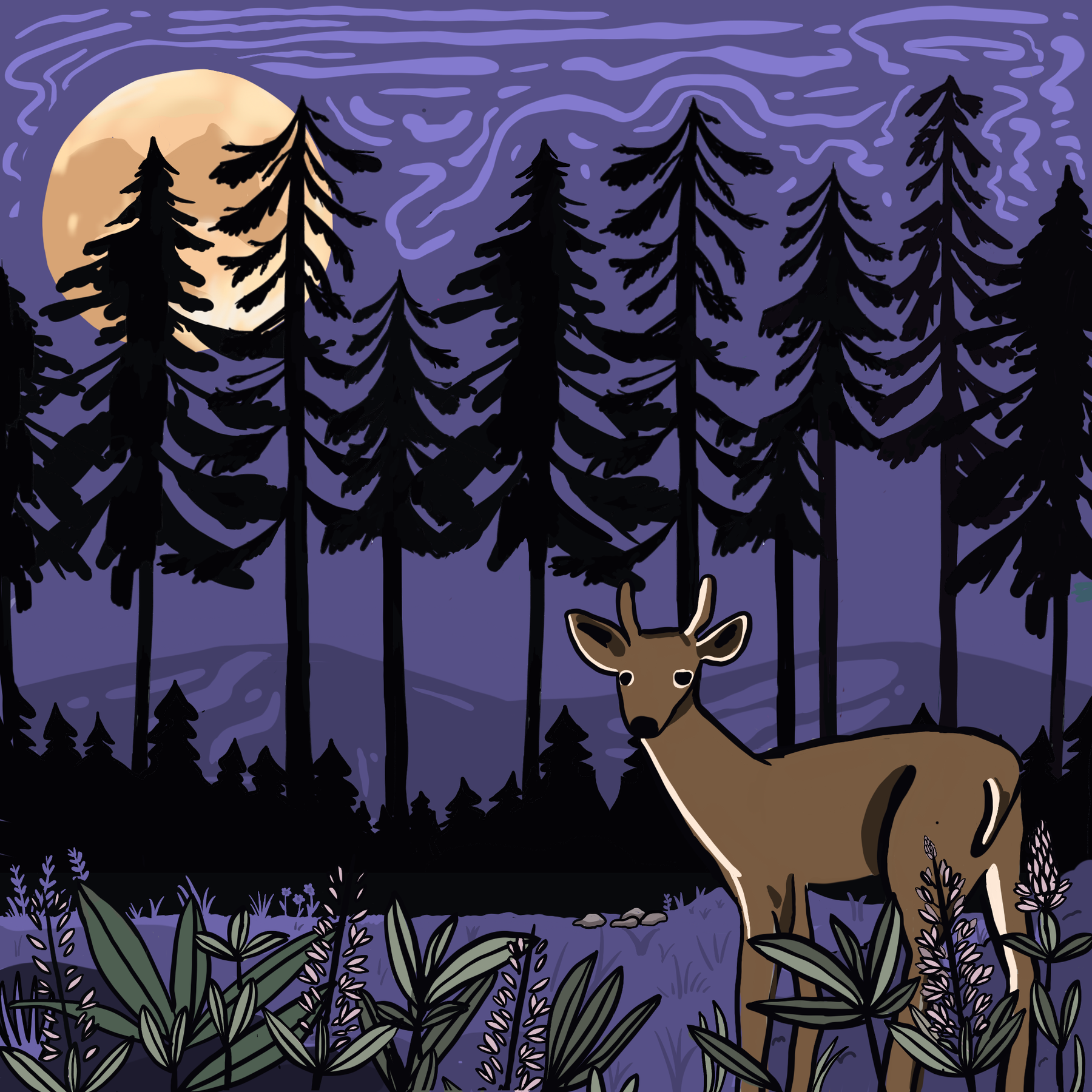 Illustration of a deer at night beneath a full moon and dark pines