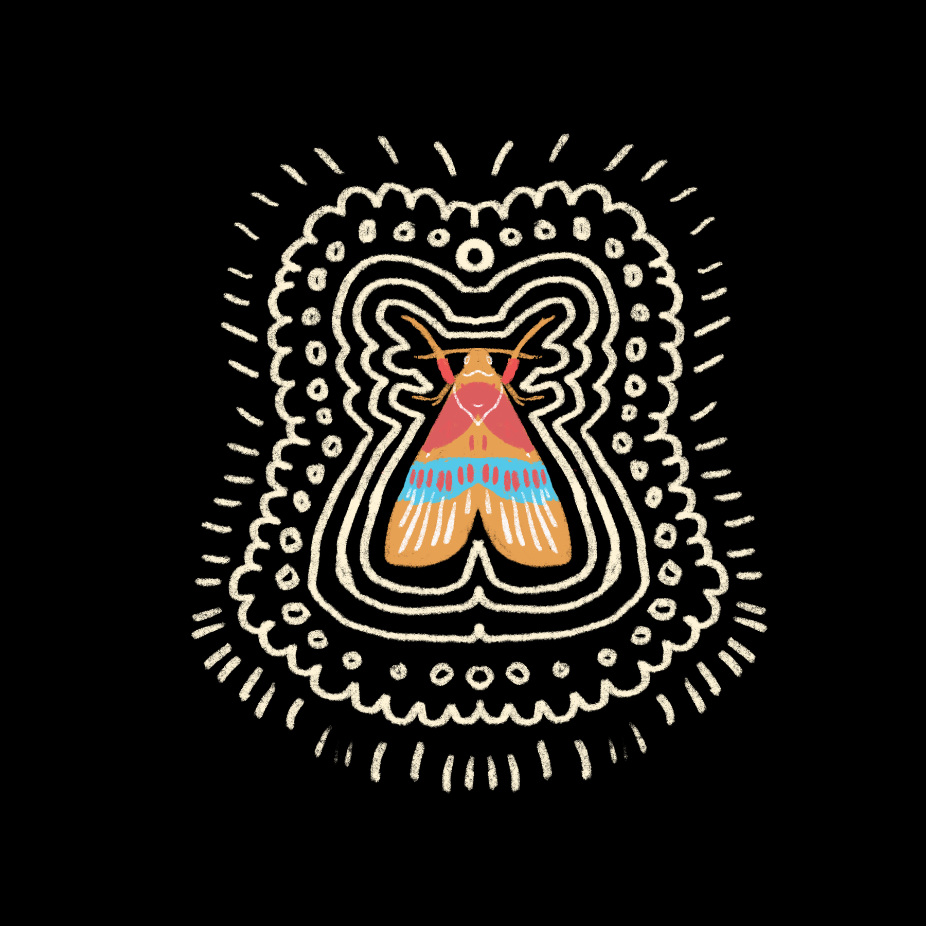 Single orange and pink moth illustration framed by an ornate cream-colored border