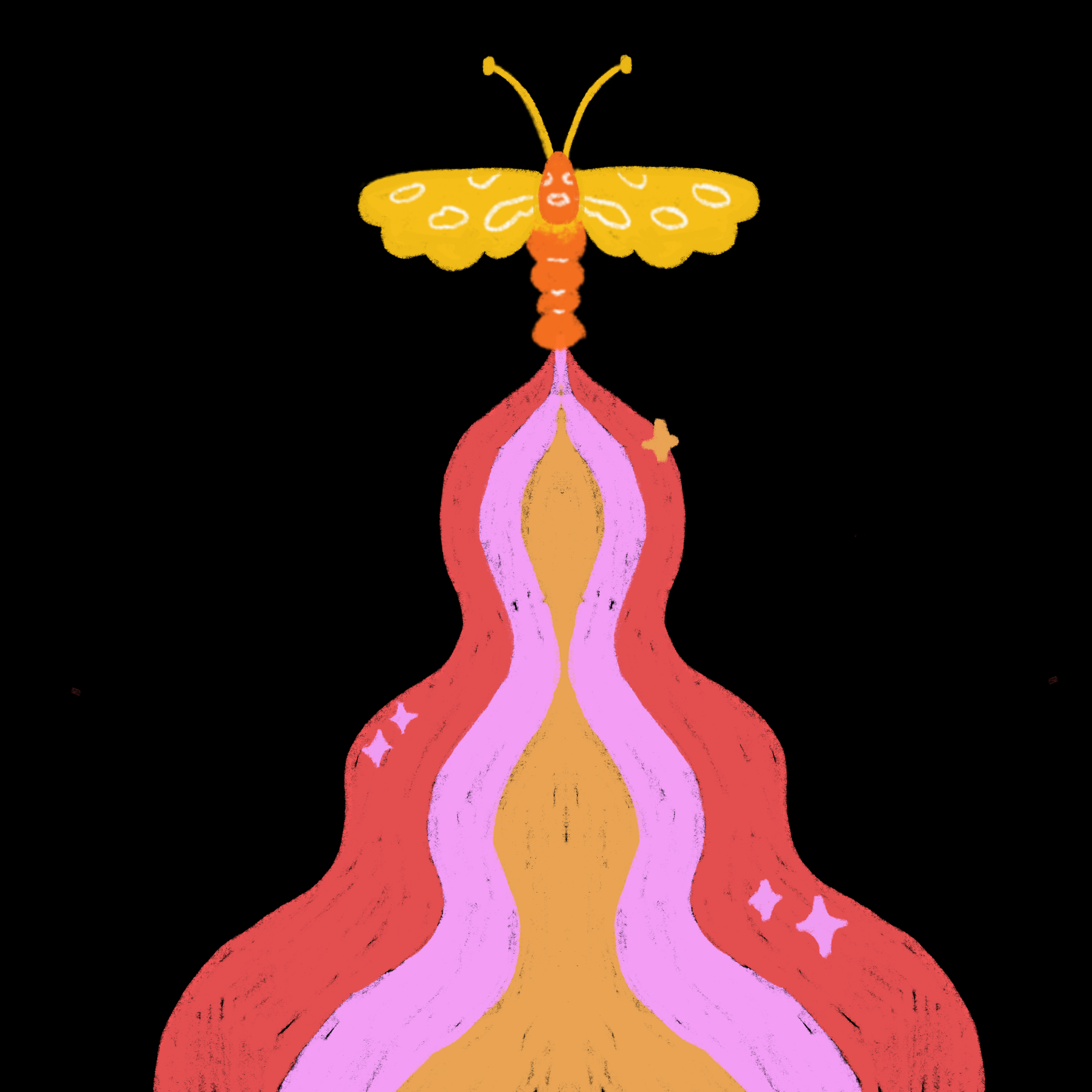 Large gold moth illustration with a flowing red and pink form beneath it