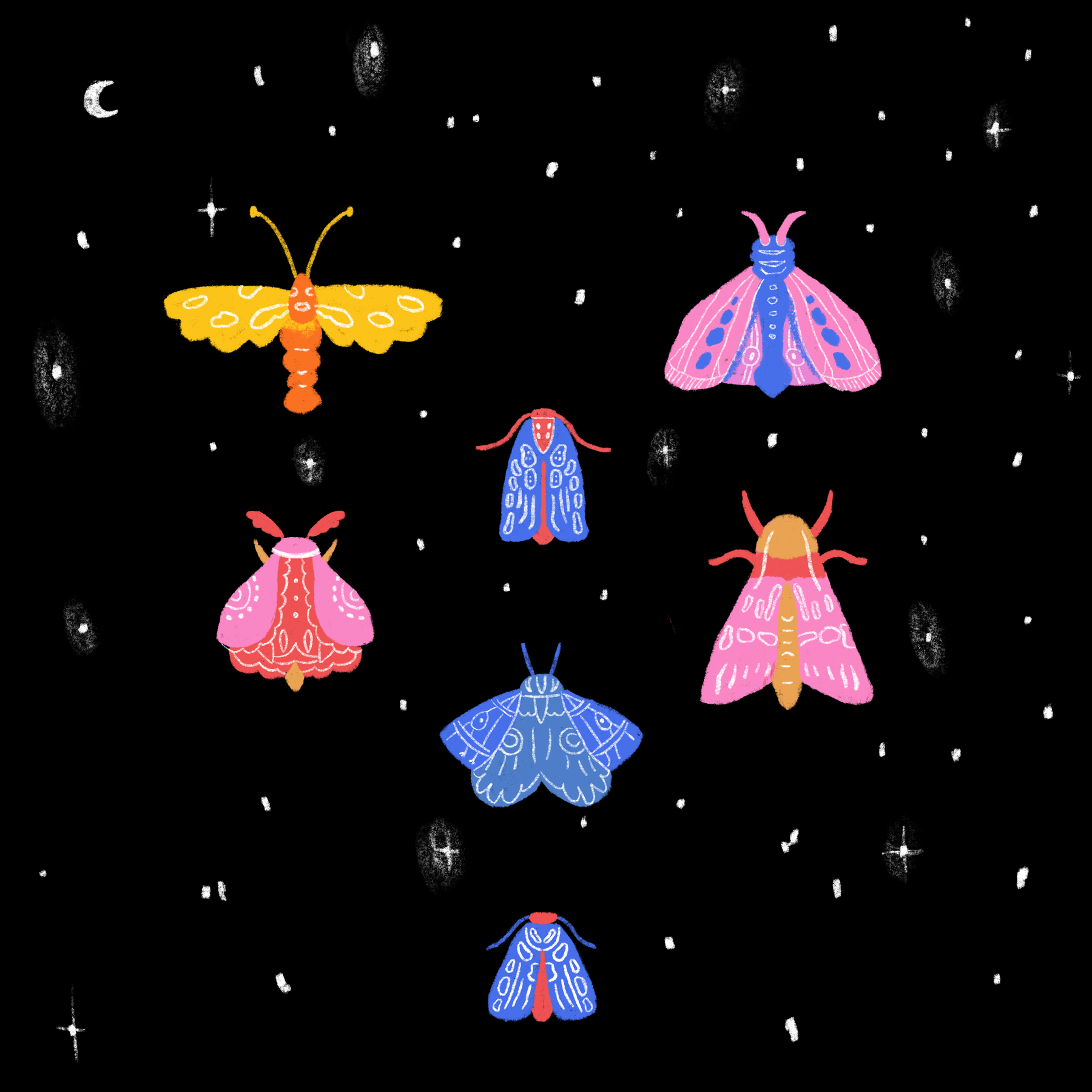 Grid of seven colorful moths scattered across a starry black background