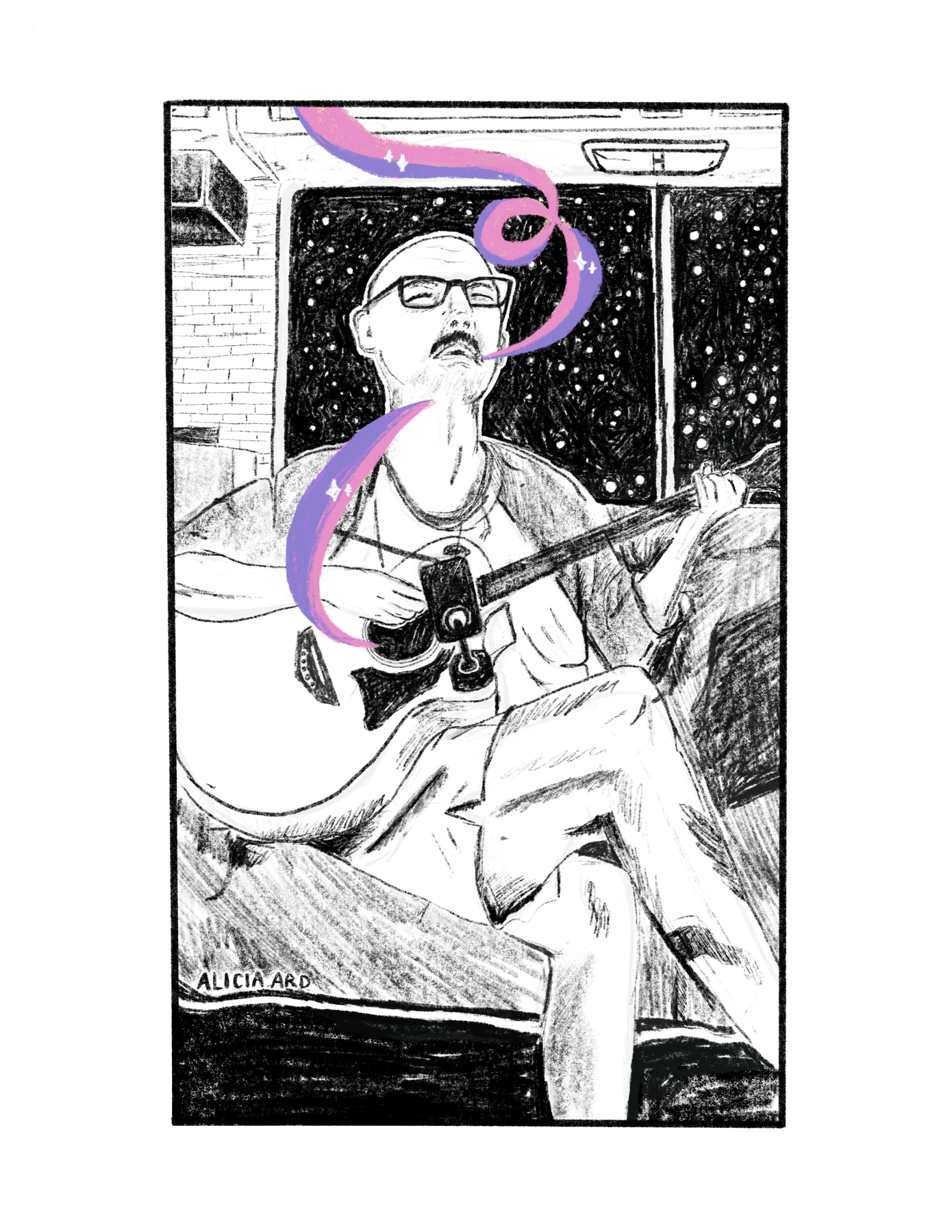 Detailed graphite line drawing of a musician playing guitar with colorful ribbons of smoke