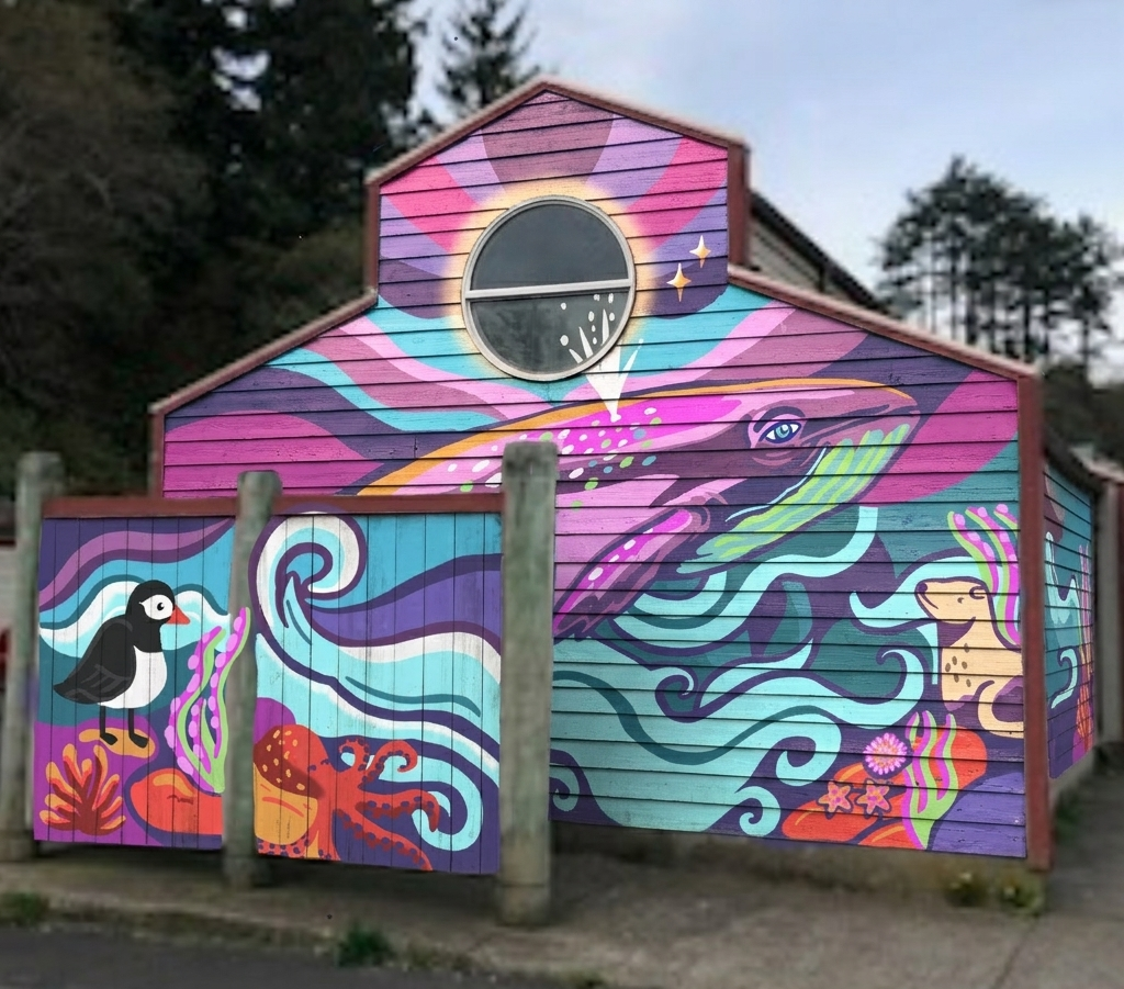 Digital mockup of a coastal mural on a restroom building in Newport, Oregon featuring a whale, puffin, octopus, and otter