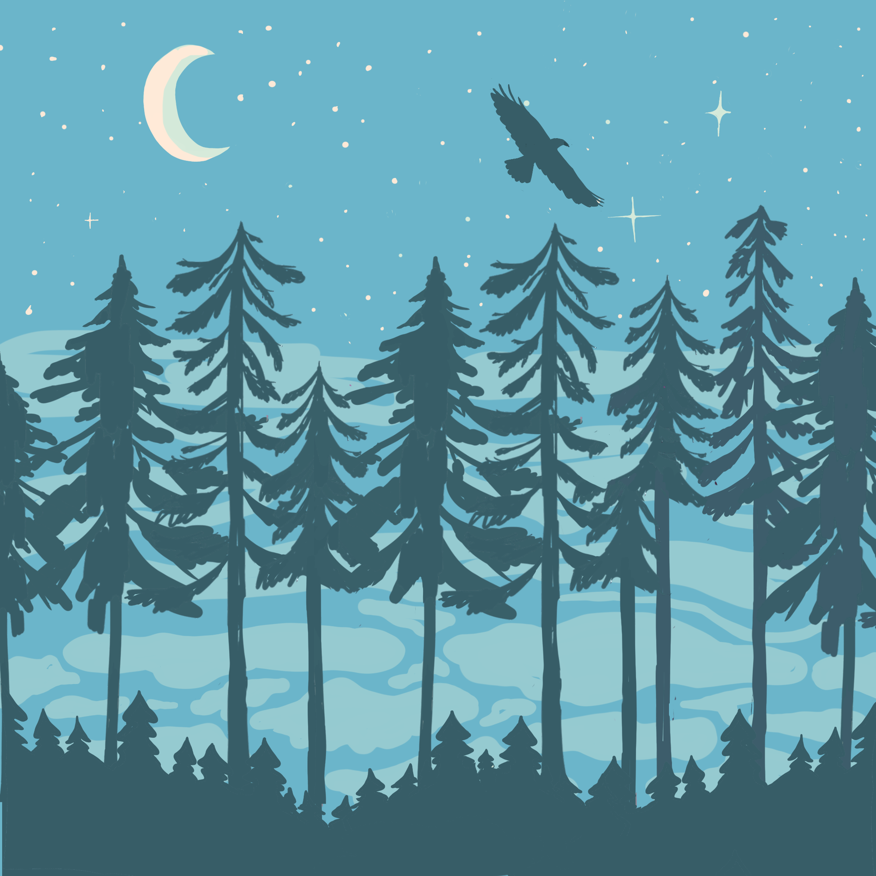 Raptor flying over a teal Pacific Northwest forest under a crescent moon