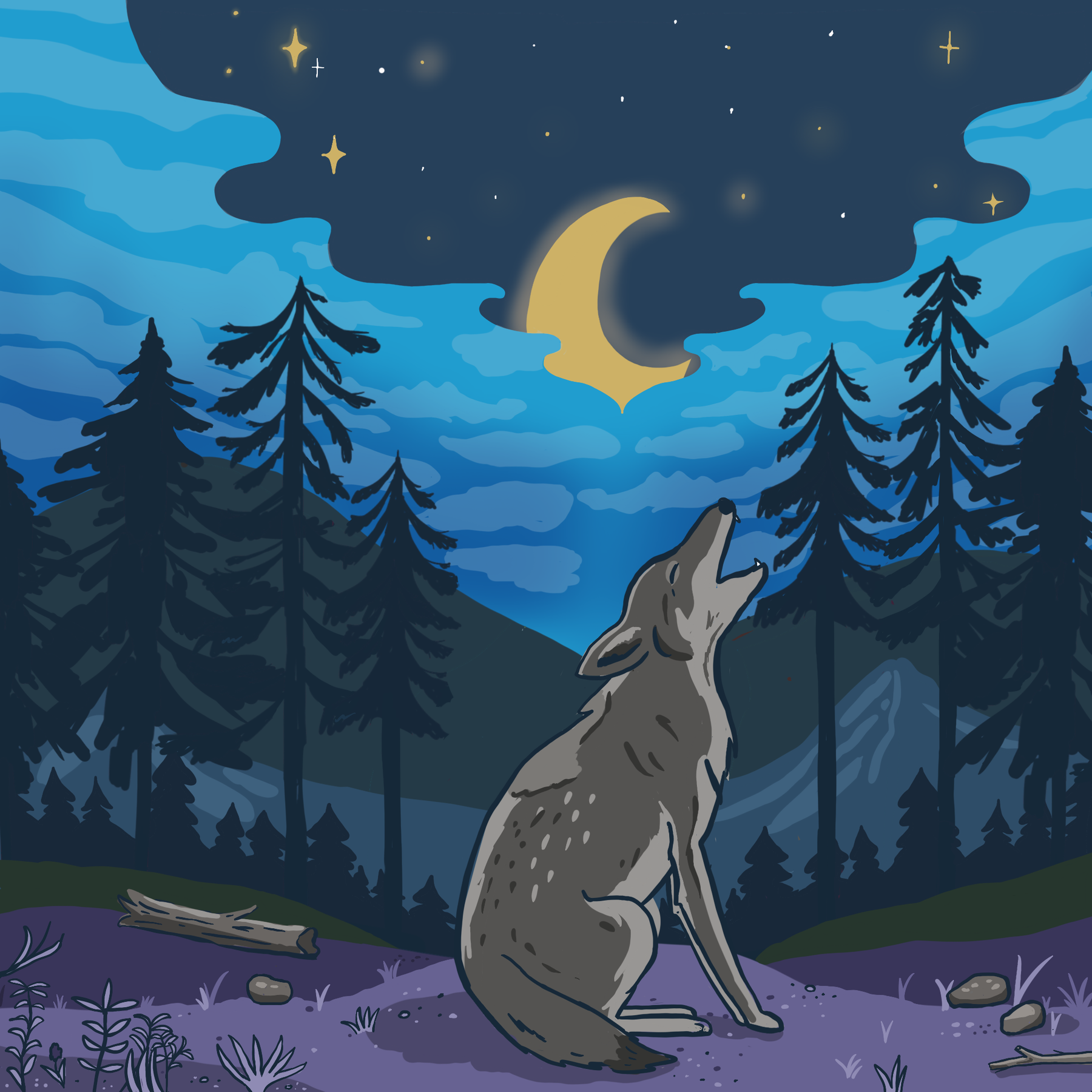 Coyote howling at a crescent moon in a blue pine forest